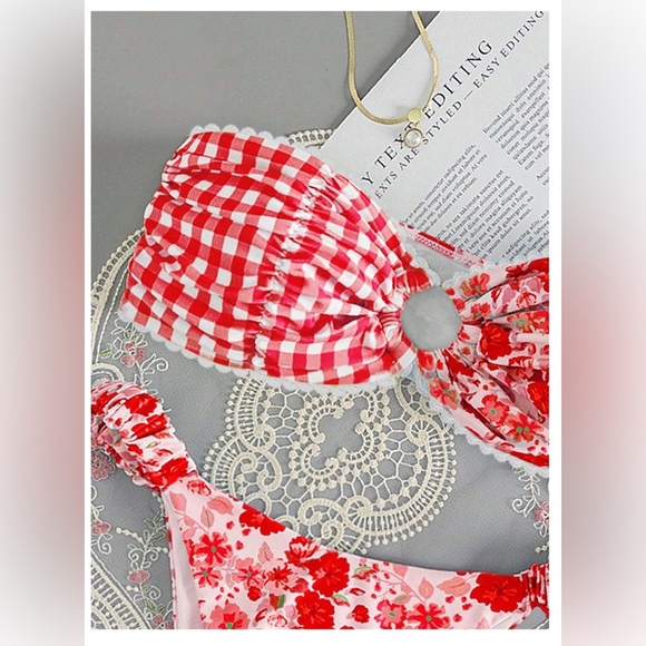 Plaid and Floral Red and White Bikini Set - Picture 2 of 5